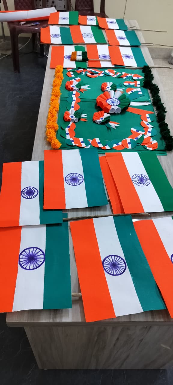 Close-up of the handmade flags and floral Tricolour arrangement